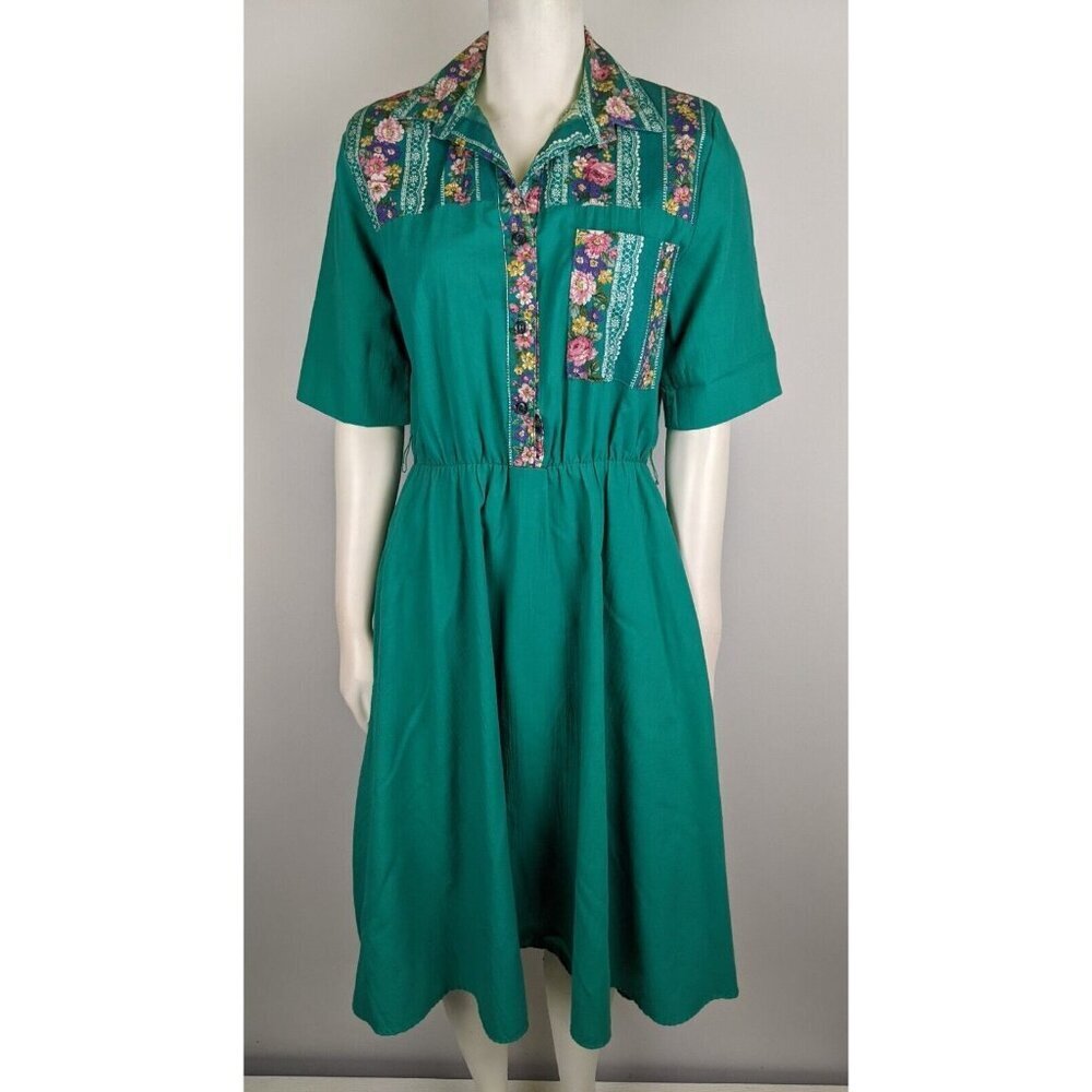 VINTAGE WOMEN'S GREEN FLORAL PRINT SHIRT DRESS - TAP&CO - SIZE 6P